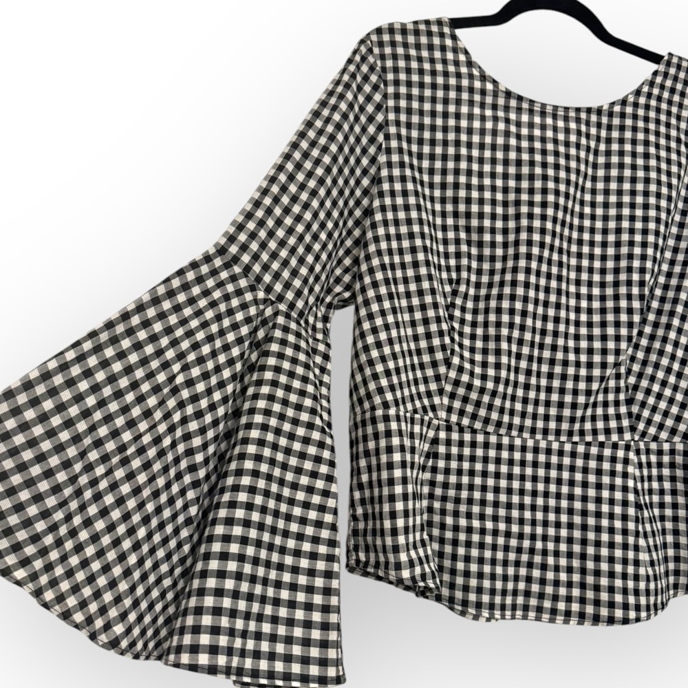 (SOLD) NANETTE LEPORE Gingham Bell-Sleeve Top, Large, Black/White - Picture 6 of 13